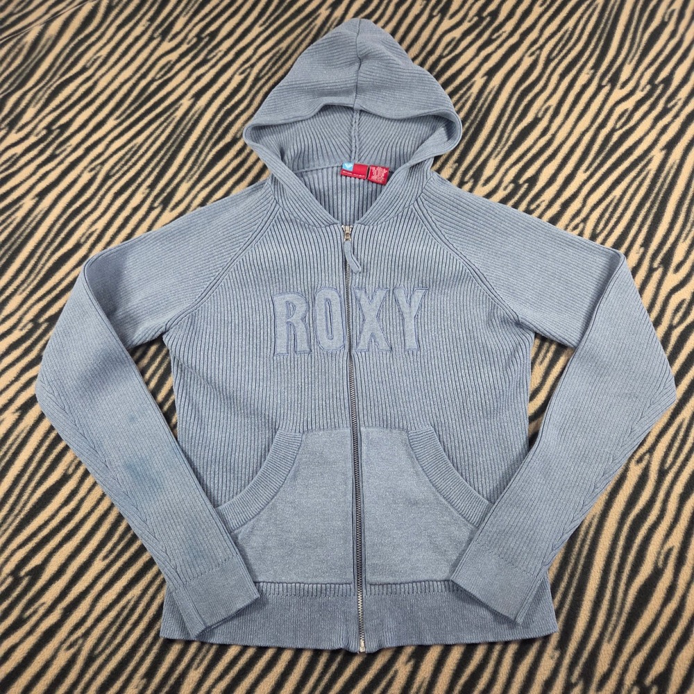 Roxy Vintage 90s Ribbed Full Zip Hooded Sweater Blue Embroidered Logo XL Y2K era
